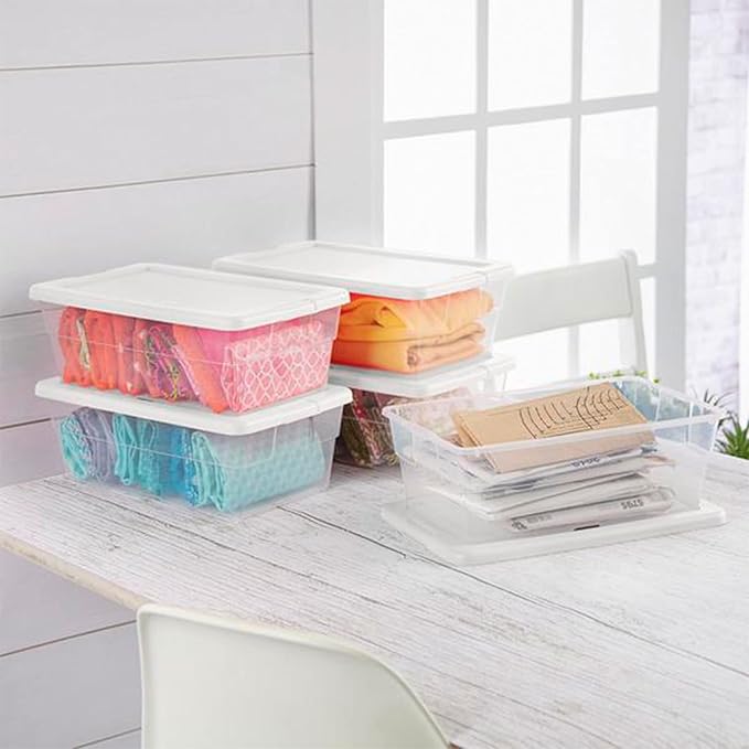 Sterilite 6 Qt Storage Box, Stackable Bin with Lid, Plastic Container to Organize Shoes and Crafts on Closet Shelves, Clear with White Lid, 1-Pack