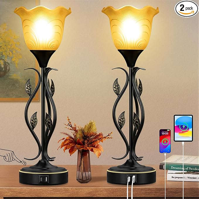 20" Table Lamps for Living Room – Set of 2 Touch Bedside Lamps with USB C Ports, Leafy Vines Amber Flower Shade, Torchiere Design for Bedroom Nightstand, LED Bulbs, Easy Assembly