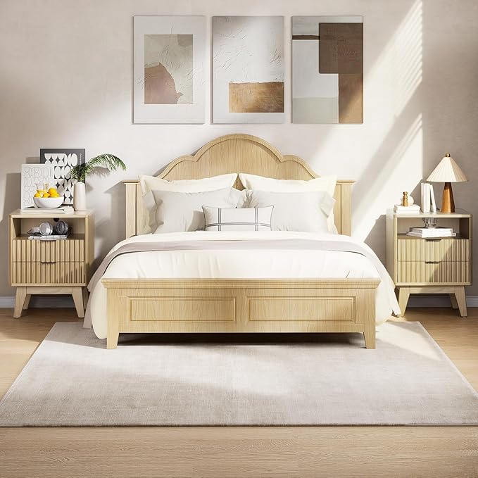 Nightstand with Charging Station, Modern Fluted 2 Drawer End Table with Storage Shelf, Natural Oak Bedside Table for Bedroom & Office