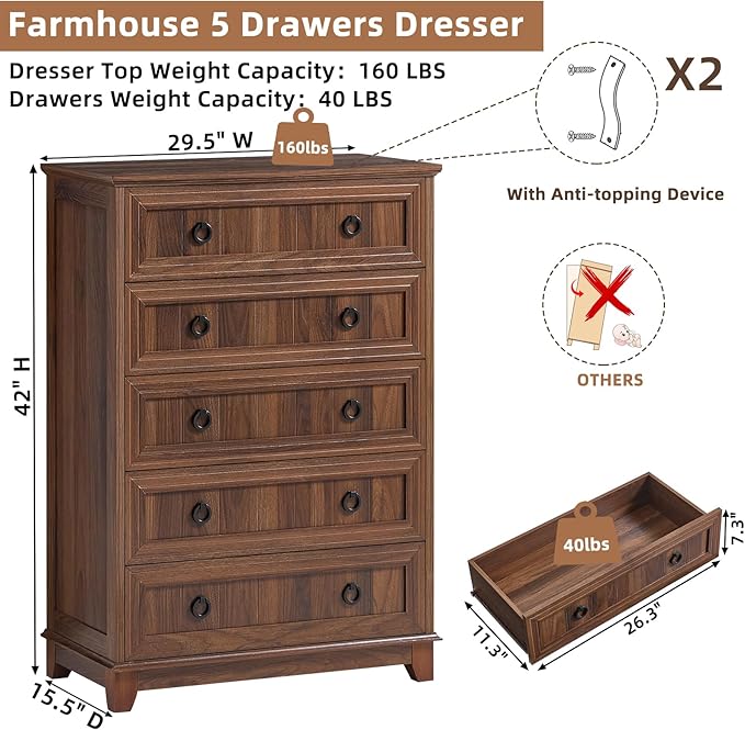 Farmhouse 5 Drawer Dresser for Bedroom, 42" Tall Small Dressers & Chest of Drawers, Rustic Wood Dresser with Metal Handle, Storage Organizer Closet for Living Room, Hallway, Entryway