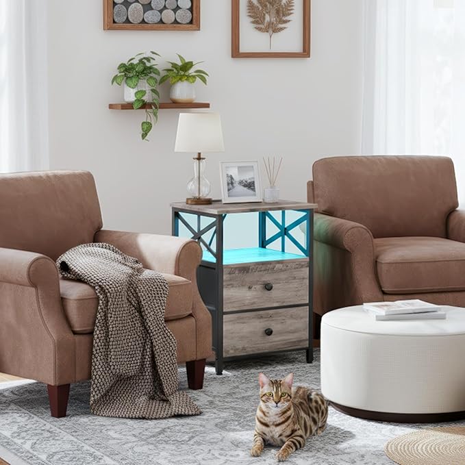 AMHANCIBLE Night Stand Set 2, LED Nightstand with Charging Station, End Tables Living Room with Fabric Drawers, Bed Side Table for Bedroom, Greige, HET052LGY