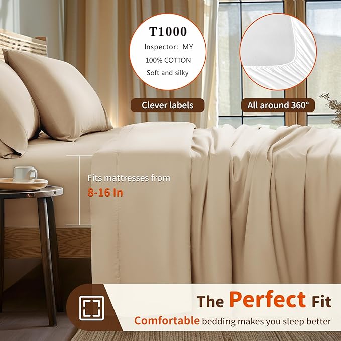 LBRO2M 1000 Thread Count 100% Egyptian Cotton Sheets Set Twin, 3 Piece Sets Bed Sheet Deep Pocket Sheet Set 16" Soft Comfortable All Season (Twin, Cream)
