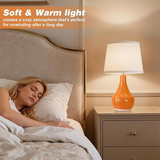 Seealle Modern Ceramic Table Lamps for Night Stands - Bedside Lamps Set of 2 for Nightstand,Orange Bedroom Lamp for Living Room Cute Desk End Table Office Guest Room Dresser Rocker Swtich