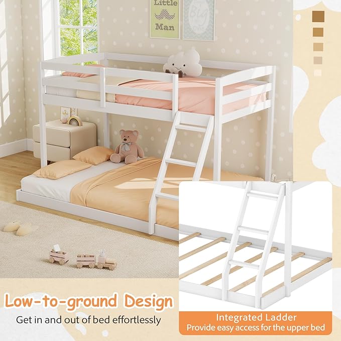 KOMFOTT Low Bunk Bed Twin Over Full, Solid Wood Twin Bed Frame with Built-in Ladder & Safety Guardrails, Space-Saving Low Bunk Bed for Kids, Teens, No Box Spring Needed