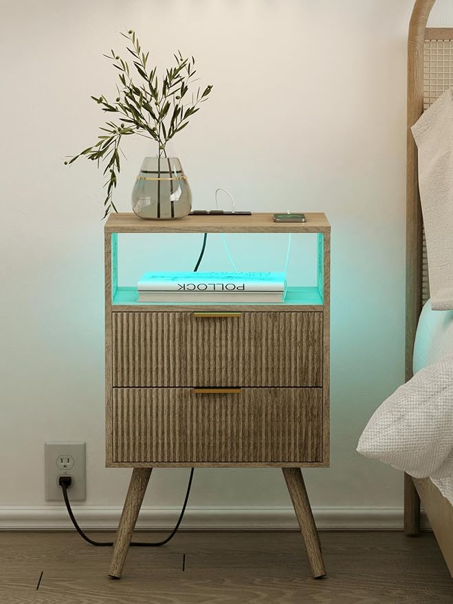 Nightstand with Charging Station and LED Lights, Modern Bedside Table with 2 Storage Drawer and Open Wood Shelf for Bedroom and Small Spaces, Night Stand with Solid Wood Legs
