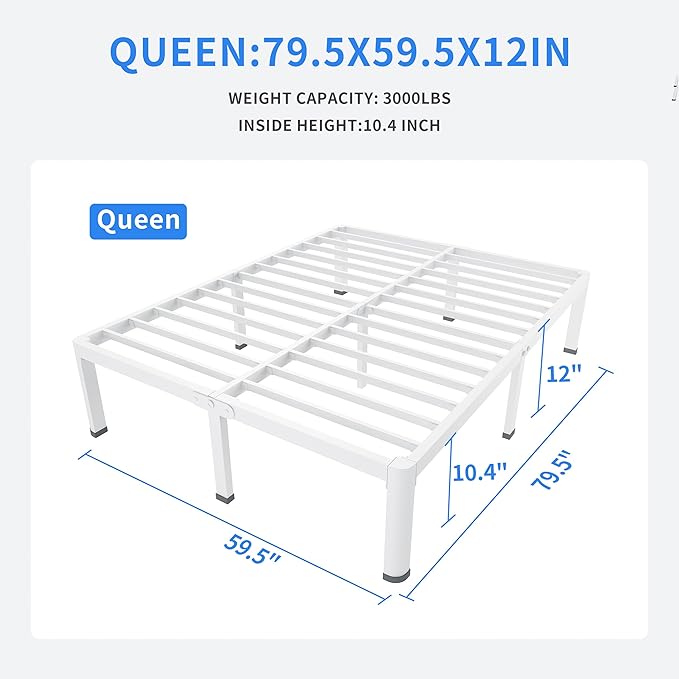 MAF 12 Inch Queen Metal Platform Bed Frame White with Round Corner Legs, Mattress Slide Stopper, 3000 LBS Heavy Duty Steel Slats Support, Noise Free, No Box Spring Needed, Easy Assembly