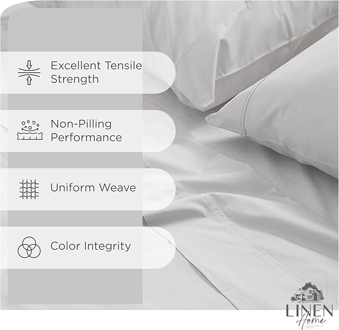 Linen Home 100% Cotton Percale Sheet Set Pack of 2, King Size, White, Deep Pocket, 8 Pieces Set - 2 Flat, 2 Deep Pocket Fitted Sheet and 4 Pillowcases, Crisp Cool and Strong Bed Linen