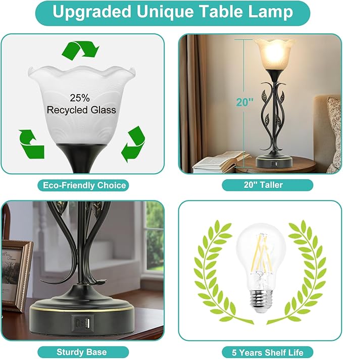 Bedside Lamps Set of 2, Table Lamp with USB Port 3 Way Dimmable Touch lamp Torchiere Nightstand Lamps with Rustic Vines Leaf and Glass Flower Shade lamp for Bedroom, Living Room, Office