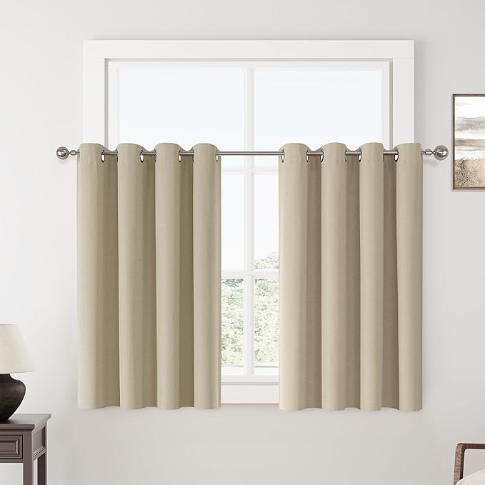 ChrisDowa 100% Blackout Tan Solid Curtains 54 Inches Long 2 Panels for Bedroom Living Room,Farmhouse Room Darkening Thermal Insulated Soundproof Grommet Top Window Treatment Drapes,52x54