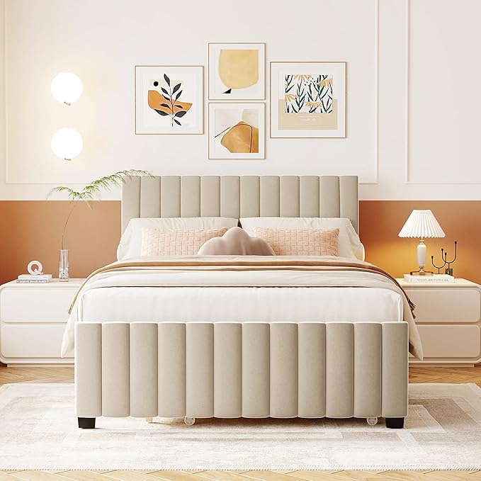 Full Bed Frame with Trundle Bed,Velvet Upholstered Platform Bed Frame,Full Size Trundle Bed with Headboard for Kids Teens Adults(Beige)
