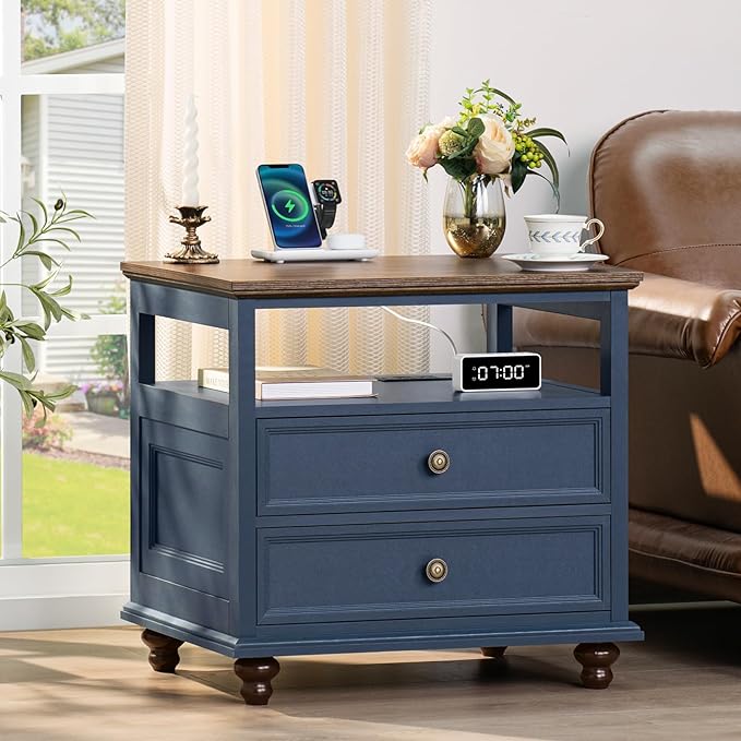 Farmhouse Furniture Set, Nightstands Set of 2 and 7 Drawers Dresser for Bedroom, 54 Inch Wide Wood Dresser and 24" Night Stands with Charging Station for Bedroom, Living Room, Hallway