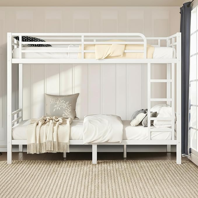 Twin XL Over Twin XL Bunk Bed Frame, Heavy Duty Metal Loft Bed for Adults/Teens, 350/500LB Capacity w/Ladder & Guardrail, Noise-Free Steel Slats, No Box Spring Required, White