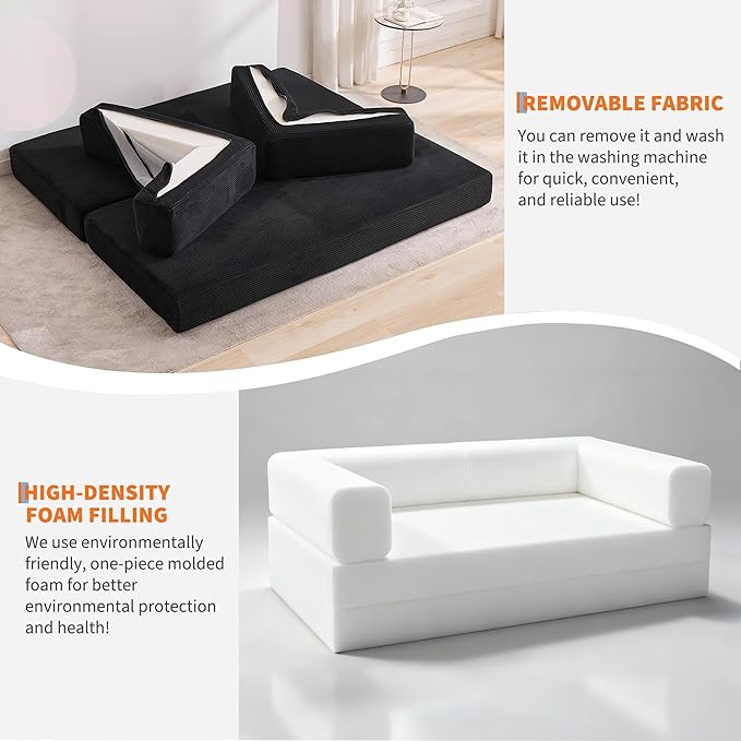 Garvee 5-in-1 Convertible Sofa Bed, 78.8" Modular Corduroy Sleeper with Sturdy Frame & No Assembly, Multi-Functional Futon for Small Space, Living Room & Guest Room (Black)