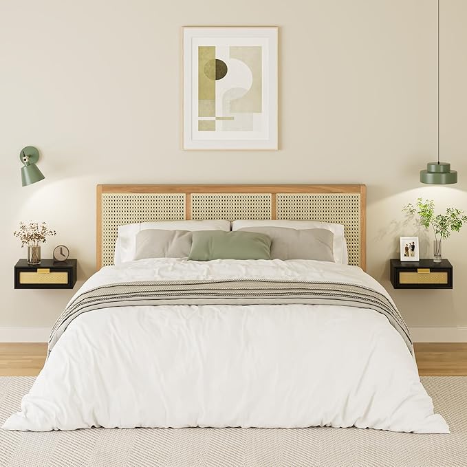 Floating Nightstand, Floating Shelf with Drawer, Wall Mounted Nightstand, Floating Bedside Table (Black Rattan)