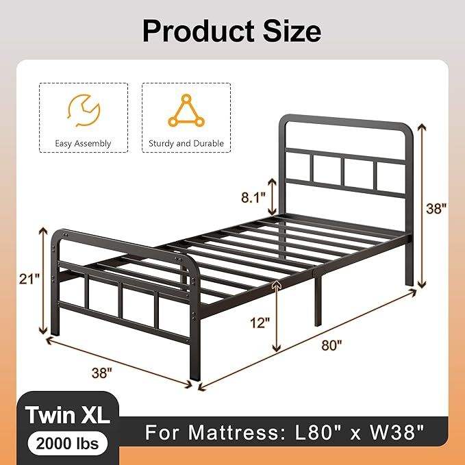 12 Inch Twin XL Bed Frames with Headboard and Footboard, No Box Spring Needed, Heavy Duty Metal Mattress Foundation, Noise Free, Easy Assembly, Black