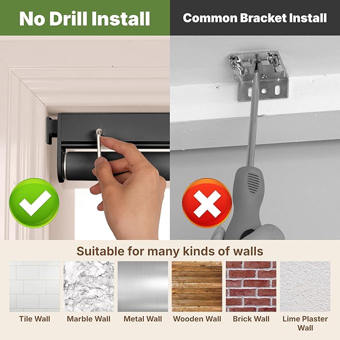 HESTIA No Drill Cordless Blackout Roller Shades Screwless Waterproof Shower Window Blinds, Auto-Retraction Easy Install Blind for Bathroom/Kitchen/Office/Exterior, Black, 40" W x 54" H