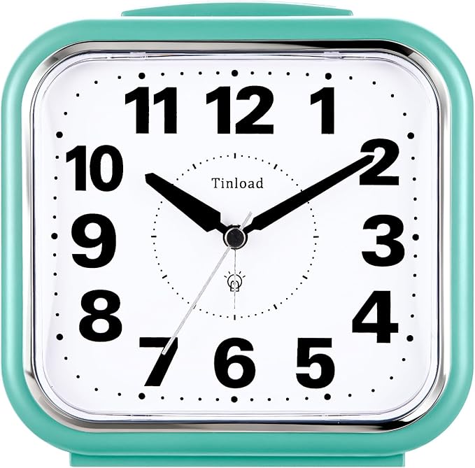 5.5" Large No Ticking Analog Alarm Clock,Silent Readable for Seniors,Easy to Set,Gradual Rise Alarm,Big Numbers,Gentle Wake,Snooze, Lighted on Demand,Battery Operated,Green