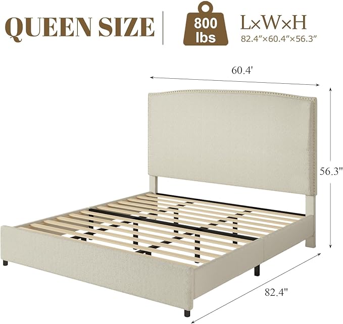 Queen Size Bed Frame with Headboard, 56" Upholstered Platform Bed with Nailhead Trim, Soft Boucle Fabric, No Box Spring Needed, Easy Assembly, Cream