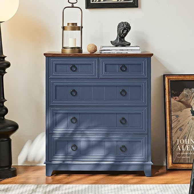 Farmhouse 5 Drawer Dresser for Bedroom, 33.2" Tall Small Dressers & Chest of Drawers, Rustic Wood Dresser with Metal Handle, Storage Organizer Closet for Living Room, Hallway, Entryway
