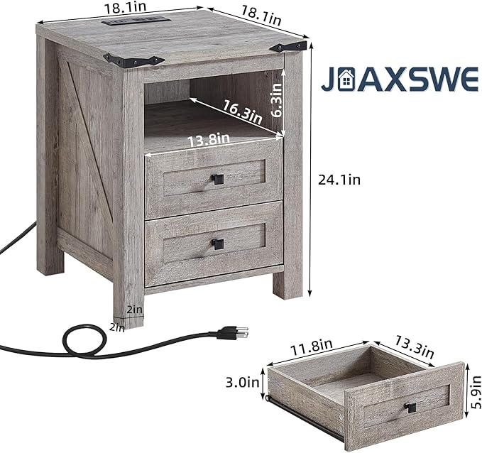 Joaxswe Nightstands Set of 2 with Charging Station, Farmhouse Night Stand with 2 Drawers and Shelf Storage, Wooden Side End Table, Bedside Cabinet for Bedroom, Living Room, Closet,Office (Grey)