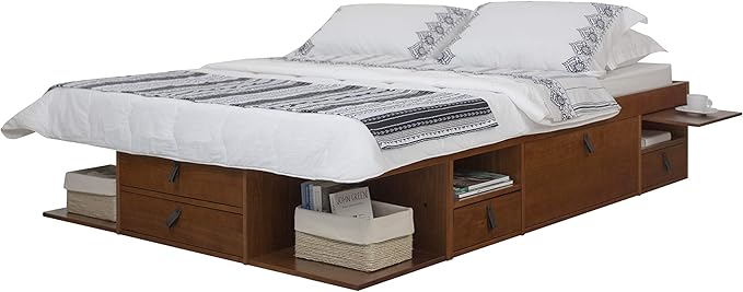 memomad Bali Slim Set: Storage Platform Bed with Drawers + Flat Panel Headboard (Queen Size, Caramel Brown Wood)