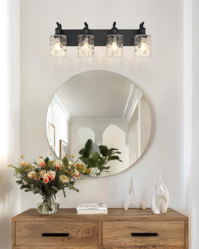 Bathroom Vanity Light Fixtures 4-Light Hammered Glass Modern Wall Mounted Over Mirror Black - VL01BKH-4