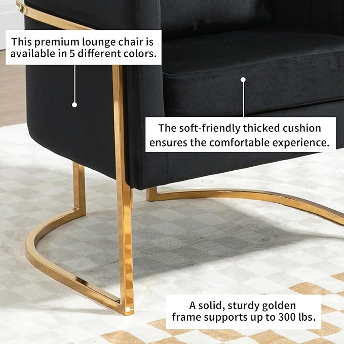 Velvet Modern Accent Chairs Set of 2, Upholstered Barrel Armchair Mid Century with Pillow for Living Room, Comfy Single Vanity Chair with Metal Gold Legs for Bedroom, Black