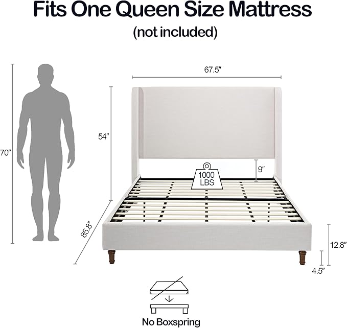 Harper Upholstered Bed with 54" Tall Headboard - Wingback Chenille Platform Bed Frame, Solid Wood Feet, Sturdy Metal Base, Easy Assembly (Textured Ivory, Queen (U.S. Standard))