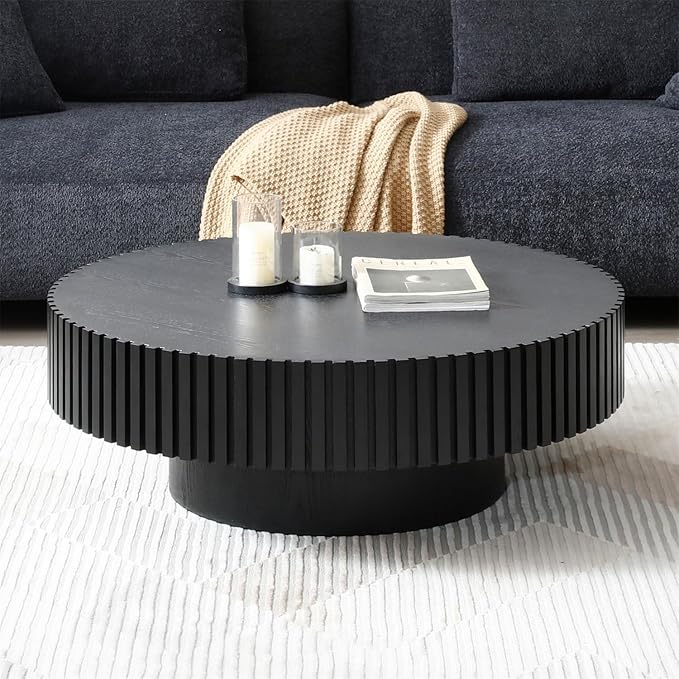 LKTART Round Coffee Table for Living Room, Accent Fluted Drum Coffee Table with Storage, Modern Solid Wood Circle Center Tea Table for Small Space Apartment (31.5''D×14''H-Black)