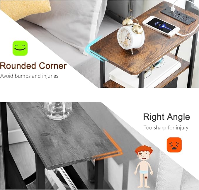LOAKEKEL Narrow End Table Living Room with Charging Station, Skinny Side Table with Fabric Drawers, Slim Nightstand for Bedroom, Small Spaces, Couch, Brown, HETNDP02BR-1