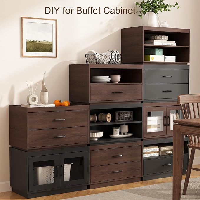 Stackable Storage 2-Shelf, 28" Wide Storage Bins with Open Compartment for Closet Organizers, Wood Stackable Closet Organizer Modern Large Stackable Storage Units for Living Room Hallway, Brown