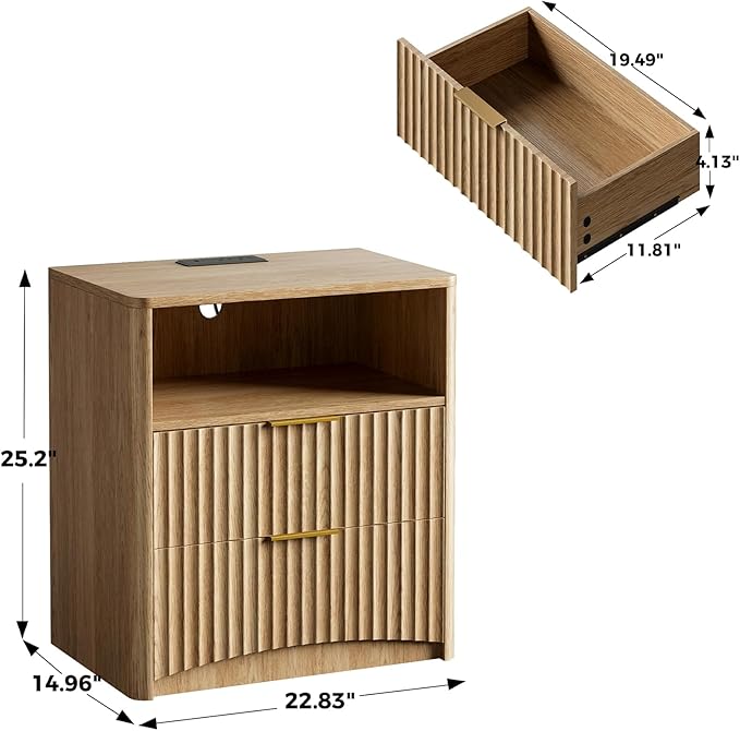 Evermagin Fluted Nightstand with Charging Station, Natural Oak Bedside Table with 2 Drawers, Wood End Table with Storage Mid Century Modern, Large Night Stand for Bedroom