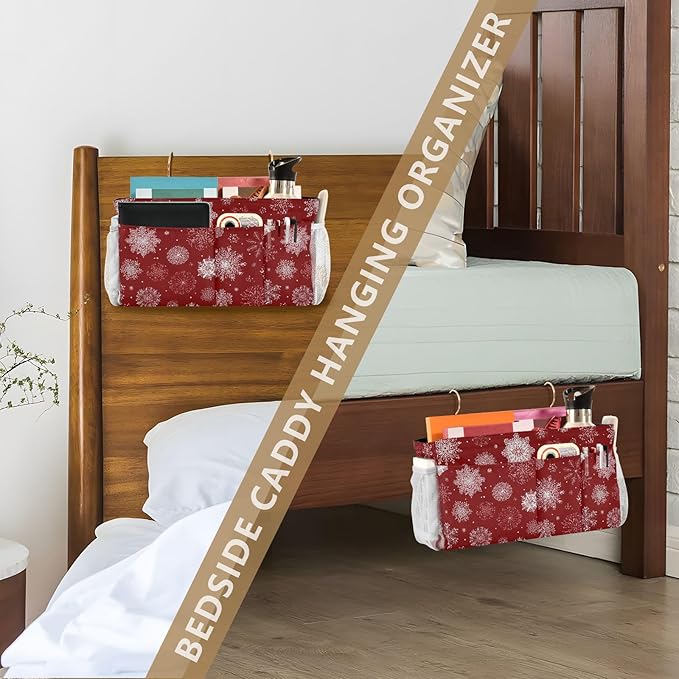 Bedside Caddy Hanging Bunk Bed Caddy Bed Organizer Hanging Pocket with 2 Hooks Bedside Storage Organizer Pocket Bag Holder Red Christmas Snowflakes