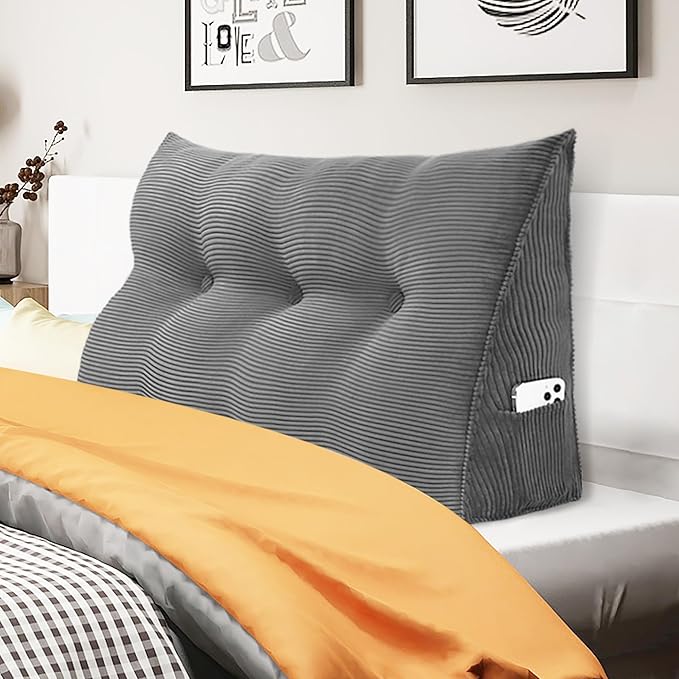 WOWMAX Triangular Headboard Pillow Twin Dorm Headboard Twin XL Bed Wedge Pillow Bolster for Bed with Removable Cover, Corduroy Grey