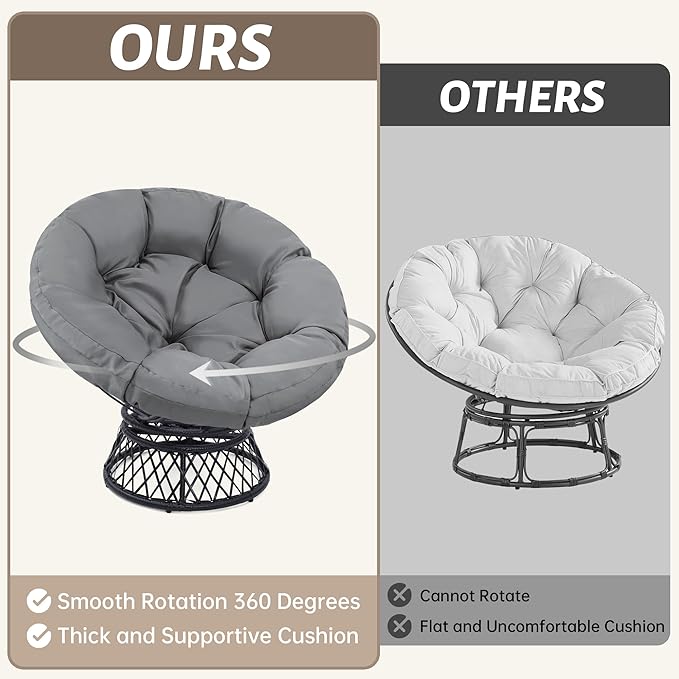 46" Giant Oversized Rattan Papasan Chair with Cushion and Frame for Adults, Fluid 360° Swivel, Waterproof, Black Frame with Dark Grey Cushion
