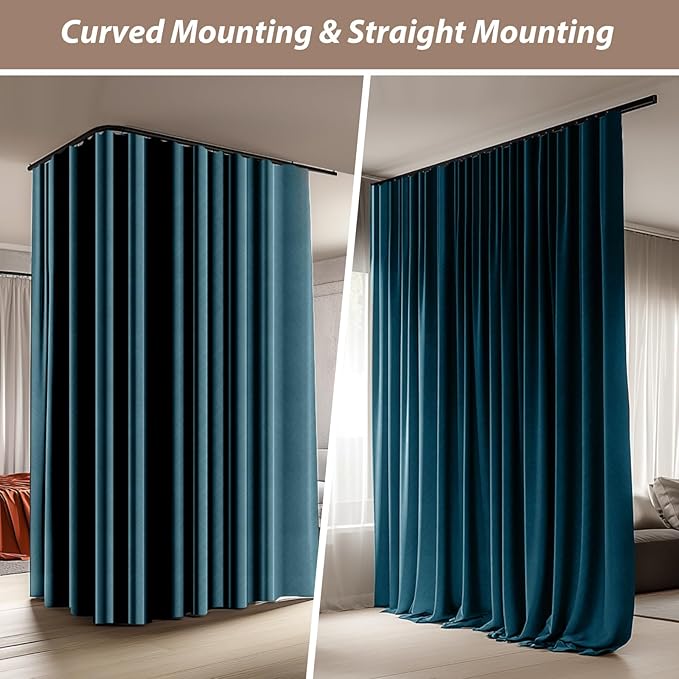 Room Divider Curtains with Ceiling Curtain Track Set Window Curtain for Bedroom,Living Room Total Blackout Thermal Insulated Privacy Ceiling Track Curtain W 9 × H 8 FT Azure Blue drape&Black track