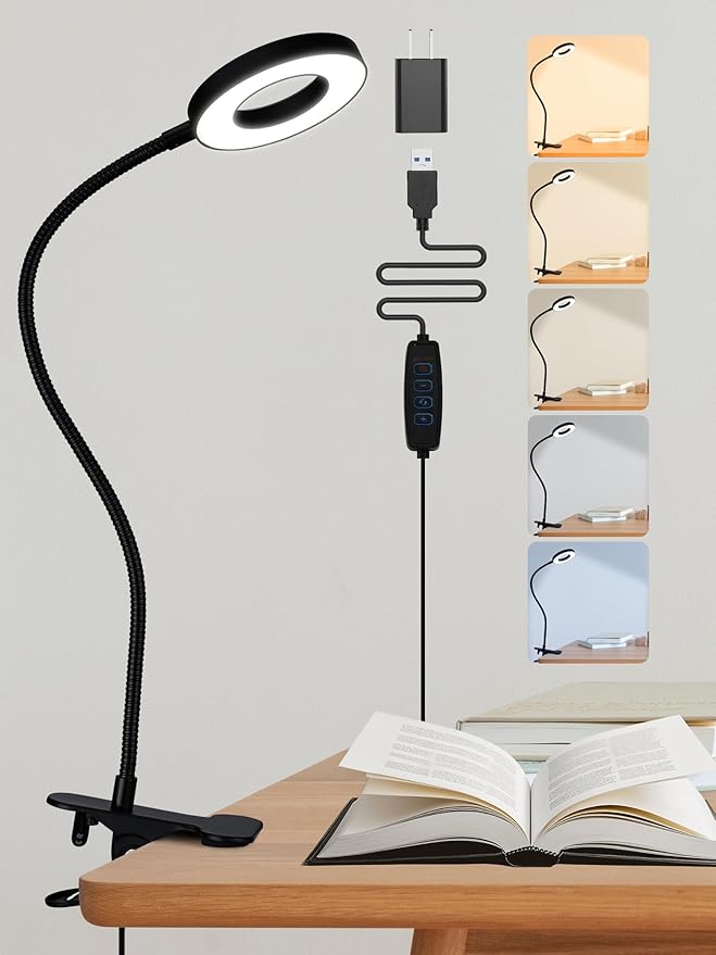 Clip on Lamp,5 Colors+10 Brightness LED Desk Lamp with Clamp,550lm Bright Clip on Light for Bed Headboard/Bedside Table,360°Adjustable Reading Light for Bed,Desk Lights for Home Office Study [Adapter]