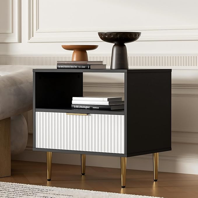 Nightstand with Drawer, End Table with Storage, Bed Side Table with Open Space for Bedroom, Modern Nightstand with Golden Handle, Side Night Stand for Bedroom, Living Room, Black & White