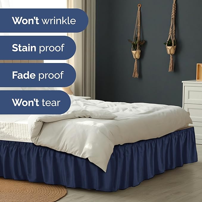 Wrap Around Dust Ruffle Bed Skirt - Navy Blue - Twin/Twin XL Size Beds with 24 Inch Drop - Elastic Strap - Adjustable Pleated Bedskirt with Brushed Fabric and Wrinkle Free - Women, Men, Kids & Teens