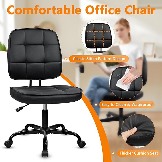 CLATINA Armless Home Office Chair with Lumbar Support and Wheels, Small PU Leather Ergonomic Low Back Desk Chairs No Arms, Adjustable Height 360° Swivel Rolling Computer Task Chair, Black, 4 Pack