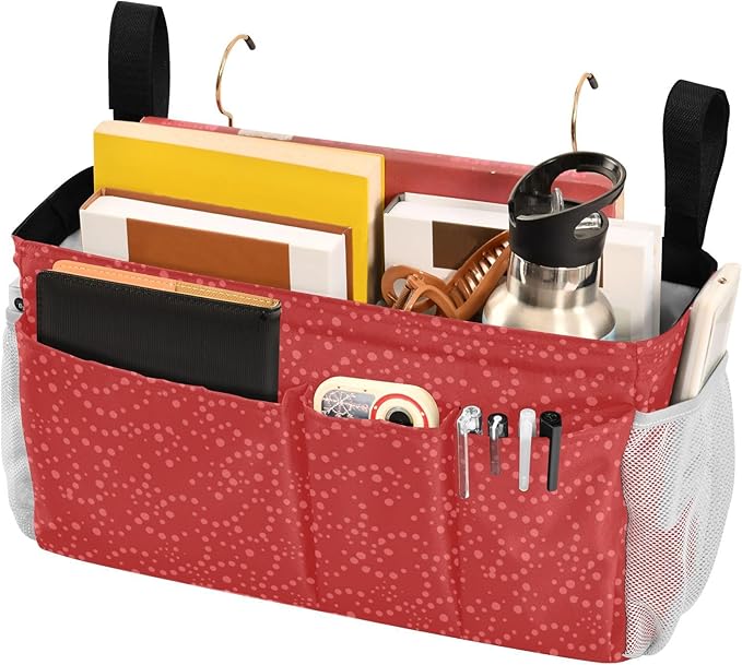 Bedside Caddy Hanging Bunk Bed Caddy Bed Organizer Hanging Pocket with 2 Hooks Bedside Storage Organizer Pocket Bag Holder Polka Dot Red