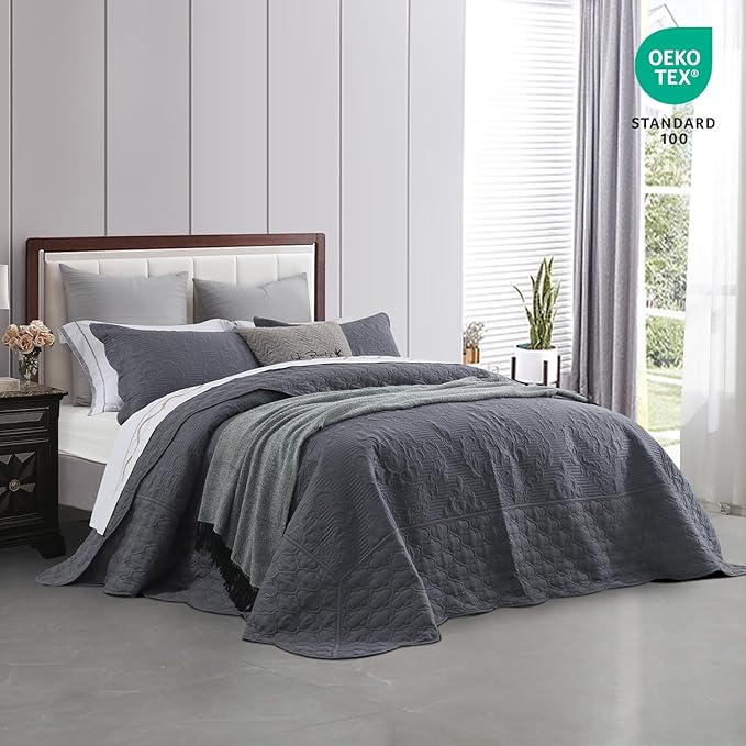 CHIXIN Bedspread Coverlet Quilt Set Full Size - Lightweight Bedding Cover - Ultrasonic Quilting - 5 Piece Reversible Bedspread - Elegant Damask Paisley Pattern (Full, Dark Grey)