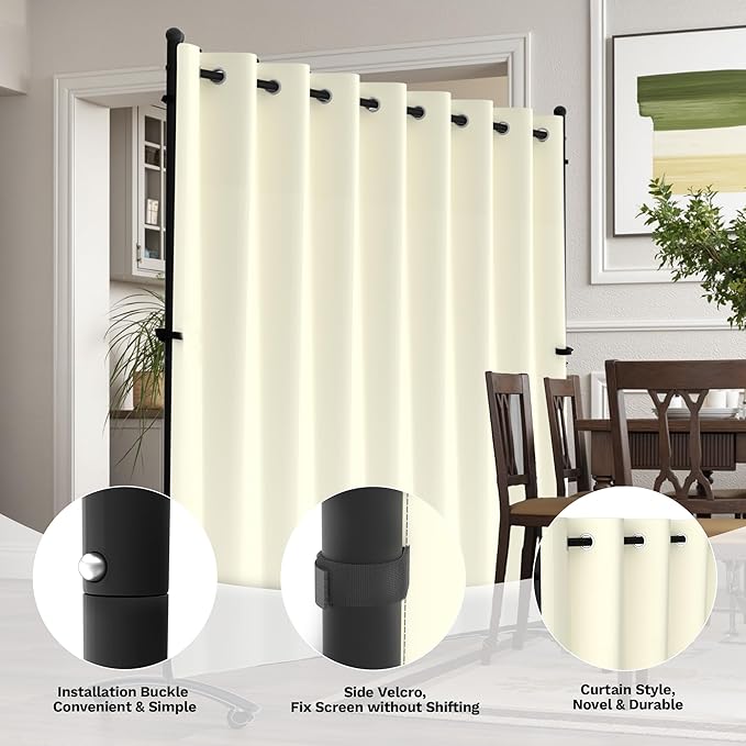 Room Divider, Curtain Privacy Screen with 360°Lockable Wheels 6FT Portable Room Divider Panel Freestanding Partition Divider Screen for Separator Wall Divider Bedroom Office (White)
