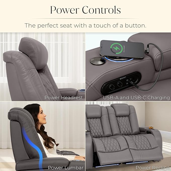 Seatcraft Diamante Zero-Gravity CoolZero Italian Leather Home Theater Seating, Power Headrest, Power Recline, Row of 5 Sofa, Gray