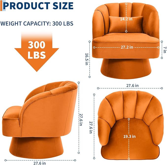 GarveeHome Modern Swivel Barrel Accent Chair, 360° Velvet Upholstered Armchair with Striped Backrest & Plush Padding, Comfy Round Lounge Chair (2, Orange + Velvet)