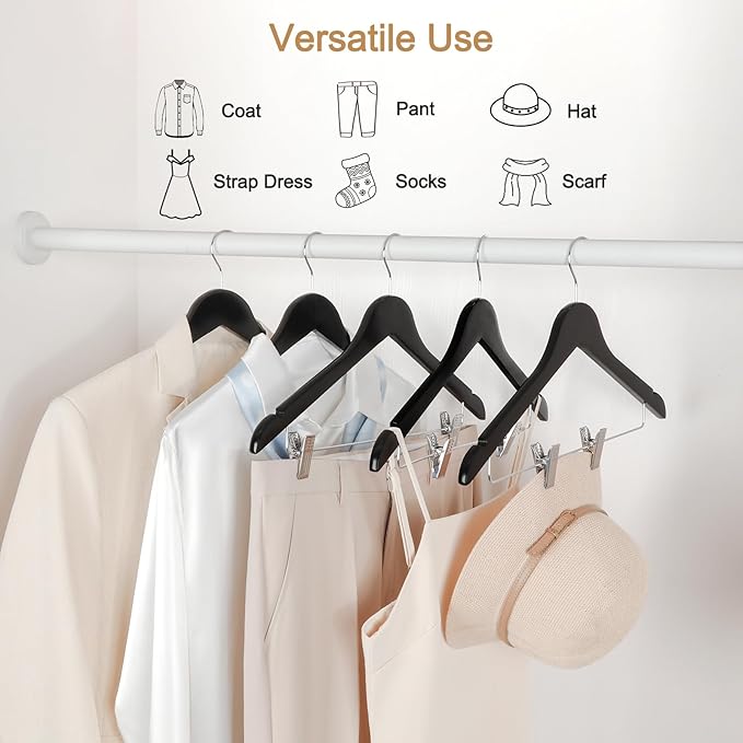 TOPIA HANGER Wooden Suit Hangers with Adjustable Metal Clips (20 Pack), Solid Wood Coat Hangers, 360° Swivel Hook, Premium Clothes Hangers for Jacket, Pant, Jeans, Blouse-Black, CT28B20