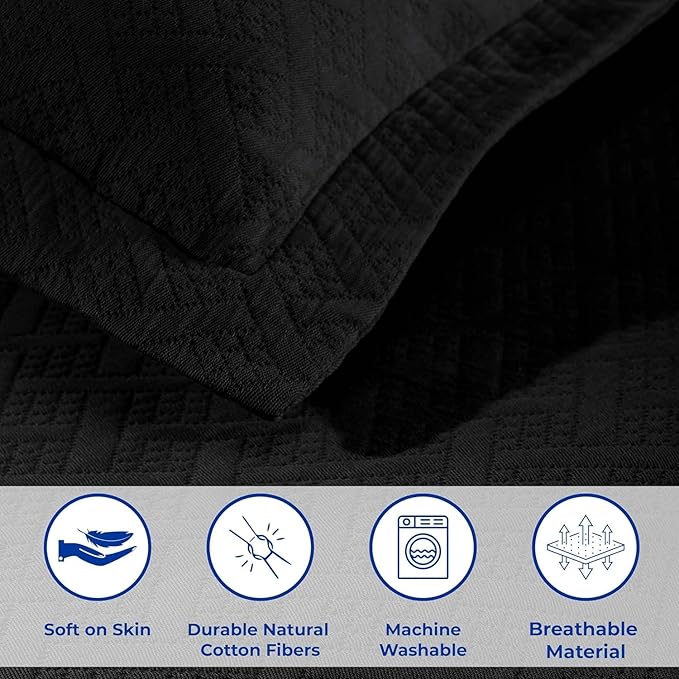 Superior 100% Cotton Basket Weave Bedspread with Shams, All-Season Premium Cotton Matelasse Jacquard Bedding, Quilted-Look Geometric Basket, King, Black