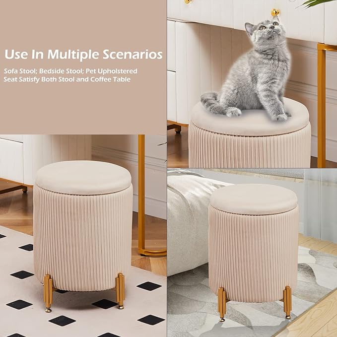 Mxfurhawa Round Ottoman Foot Stool with Storage and Metal Legs for Living Room Bedroom, Velvet Upholstered Footrest Stool Support 300lbs Modern Padded Seat Ottoman Coffee Table (Beige)