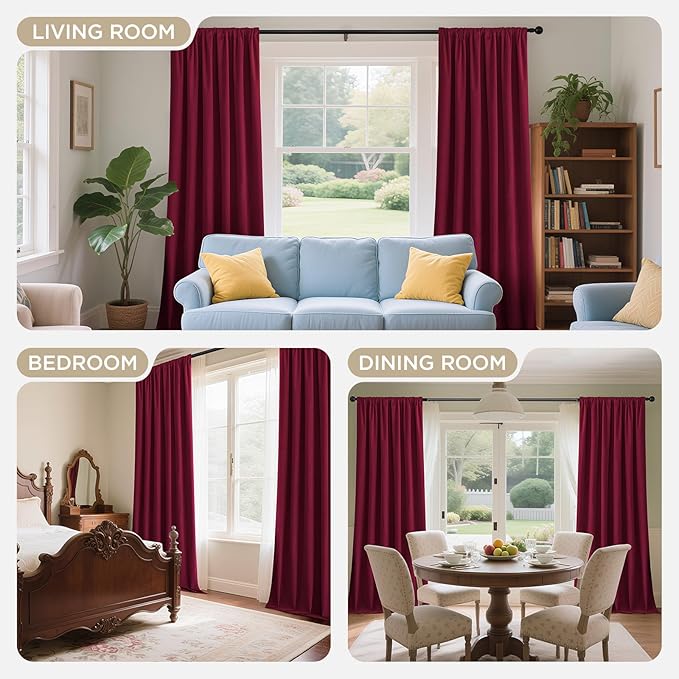 Joydeco Red 100% Blackout Curtains 90 Inch 2 Panels, Luxury Thermal Red Velvet Curtains for Bedroom Living Room, Soundproof Blackout Window Drapes, Rod Pocket & Back Tab (52W x 90L)