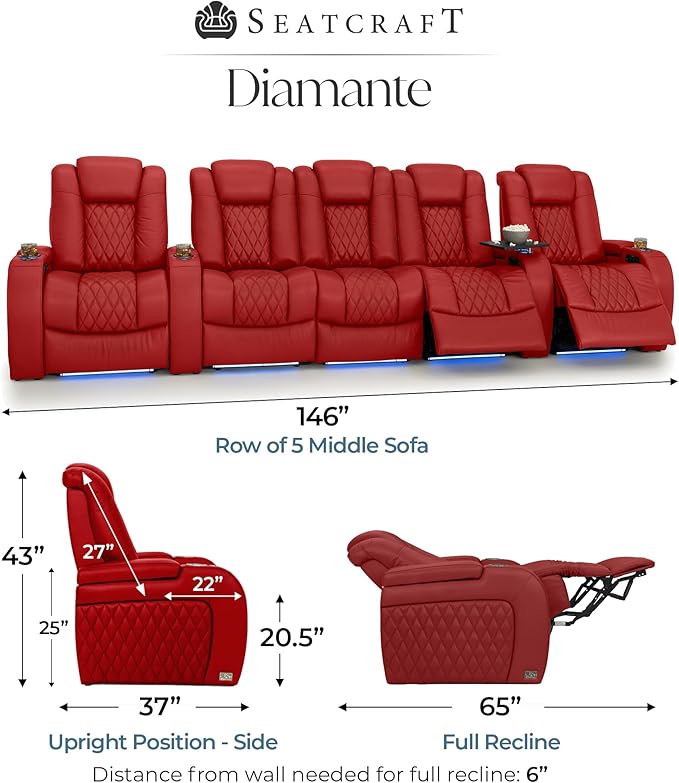 Seatcraft Diamante Zero-Gravity CoolZero Italian Leather Home Theater Seating, Power Headrest, Power Recline, Row of 5 Middle Sofa, Red